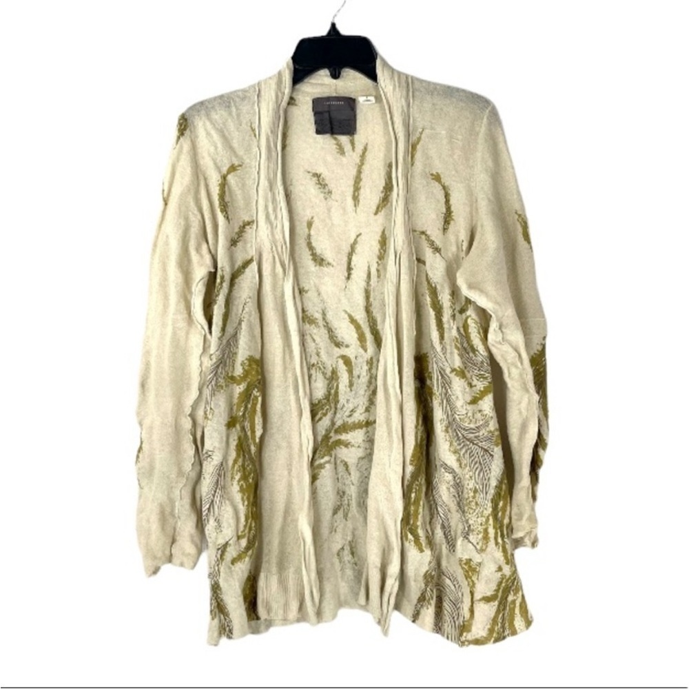 Anthropologie thin knit ecru gold metallic feather print open cardigan sweater M - Picture 5 of 11